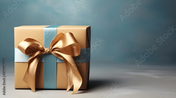 Obraz Wrapped present with blue ribbon bow on tan surface