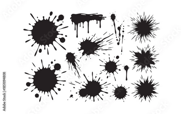 Obraz Black Ink Splatter Blot Grunge Texture Set