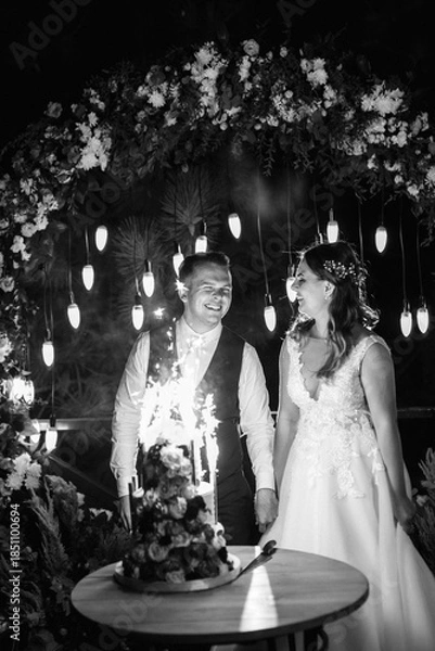 Obraz newlyweds happily cut and taste the wedding cake