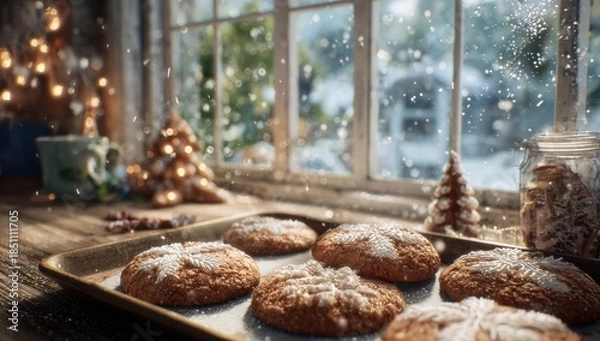 Obraz Cozy Christmas Baking - Freshly Baked Cookies by a Snowy Window with Twinkling Lights.