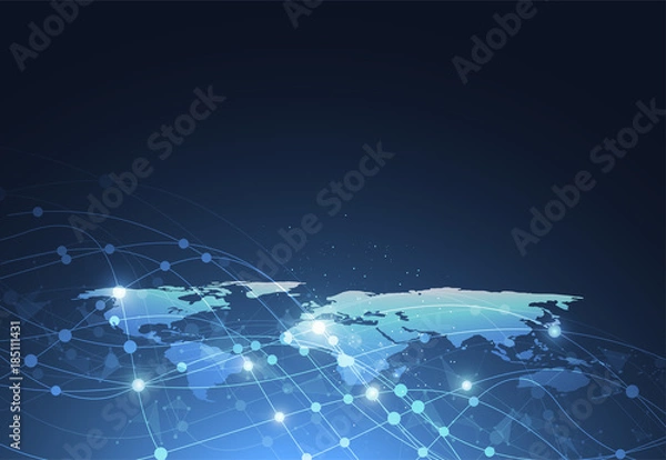 Fototapeta Global network connection. World map point and line composition concept of global business. Vector Illustration