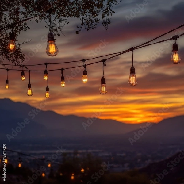 Obraz Cozy String Lights Glow Against Dramatic Orange Sunset and Mountain Landscape.