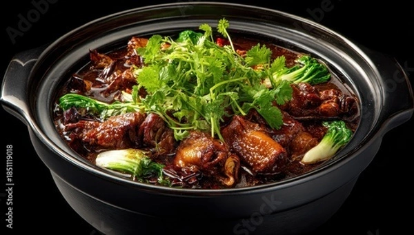 Obraz Rich Braised Pork Belly Stew with Fresh Greens in Dark Clay Pot, Appetizing Studio Shot.