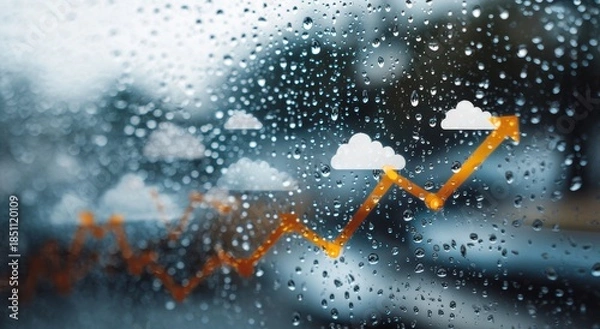Obraz Rain-Kissed Glass with Optimistic Upward Graph and Cloud Icons.