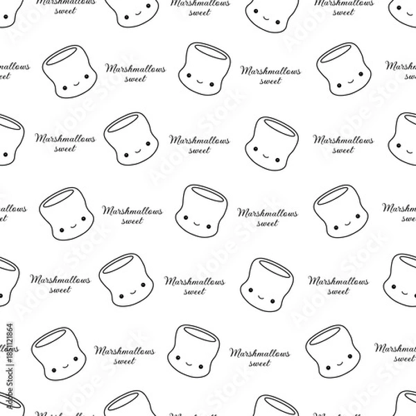 Obraz Seamless vector pattern with cute marshmallows, fun kawaii coloring page