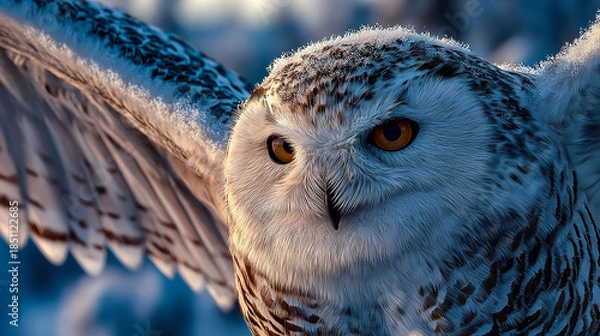 Obraz Snowy owl spreading wings in cold winter light with intense golden eyes