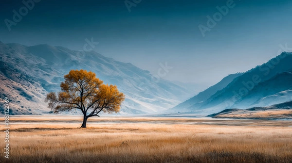 Obraz Lone tree standing in a vast open valley with soft atmospheric light