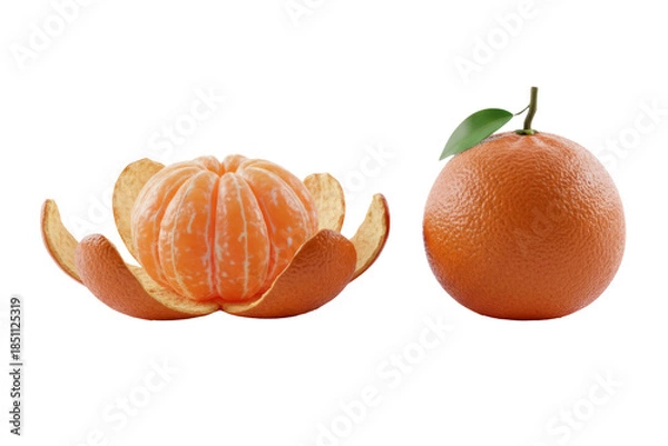 Obraz Mandarin Oranges with a peeled section revealing the vibrant orange flesh, isolated on a transparent background