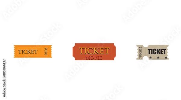 Fototapeta Vintage Movie Ticket Vector Set - Realistic Cinema Entry Pass Templates with Perforated Edges