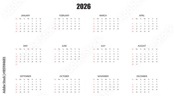 Fototapeta Clean Annual 2026 Calendar Planner Vector Template (Modern 12 Months Overview Layout, Stationery Design)