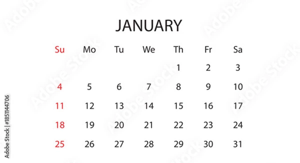 Fototapeta January 2026 Monthly Calendar Vector Template (First Month of Year Planner, Winter Schedule Layout)