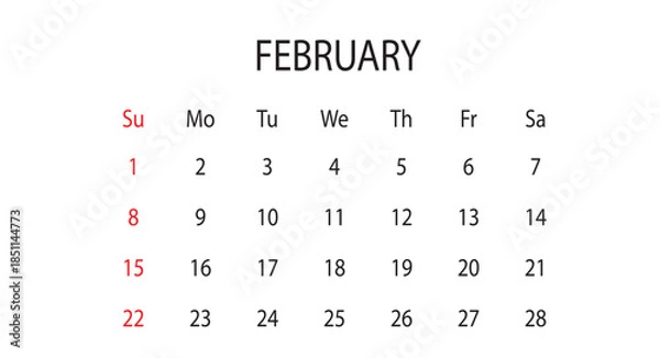 Fototapeta February 2026 Monthly Calendar Vector Template (Valentine's Month Planner, Clean Minimalist Schedule Layout)