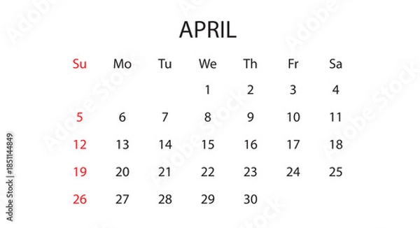 Fototapeta April 2026 Monthly Calendar Vector Template (Spring Season Planner, Minimalist Business Schedule Layout)
