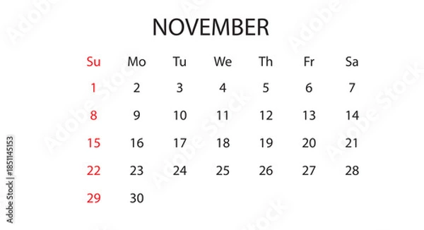 Fototapeta November 2026 Monthly Calendar Vector Template (Thanksgiving Month Planner, Minimalist Schedule Layout)