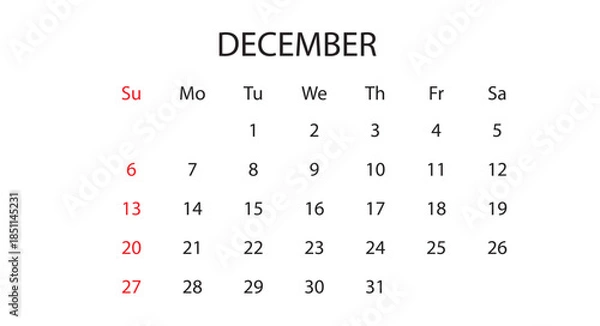 Fototapeta December 2026 Monthly Calendar Vector Template (Christmas Holiday Planner, Year-End Schedule Layout)