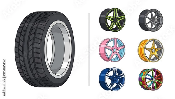 Obraz Diverse Automotive Wheel Rims and Tire Illustration Set for Vehicle Customization