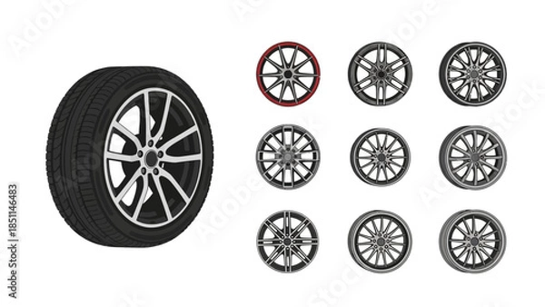 Obraz Vector Illustration Showcase: Diverse Car Wheel and Tire Designs for Vehicle Customization