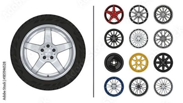 Obraz Detailed Illustration of Car Wheel and Tire with a Collection of Diverse Vehicle Rim Designs