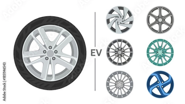 Obraz Collection of Modern Vehicle Wheel Rims and Tire, Featuring EV Specific Designs