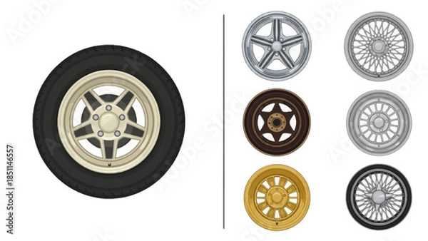 Obraz Illustrative Automotive Wheel Designs with Various Spokes, Finishes, and Tire Options