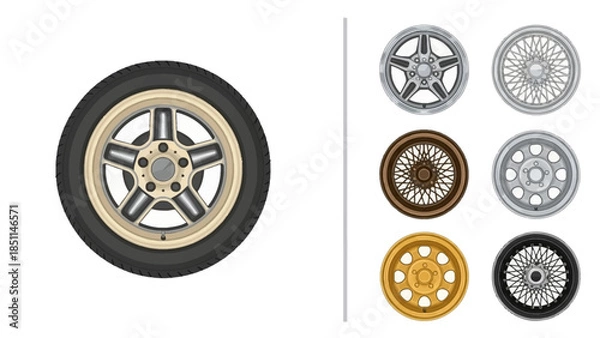 Obraz Collection of diverse automotive wheels and rims with tire illustration on white background