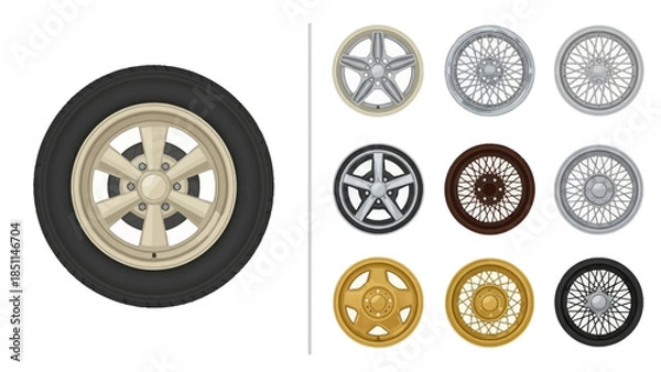 Obraz Automotive Wheel and Tire Illustration with Diverse Rim Designs on White Background