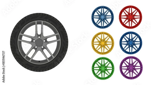 Obraz Various stylized car wheels and rims presented as isolated vector illustrations on a white background