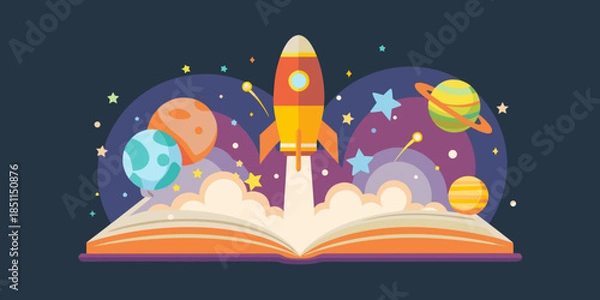 Fototapeta A rocket launching from an open book into a colorful cosmic scene