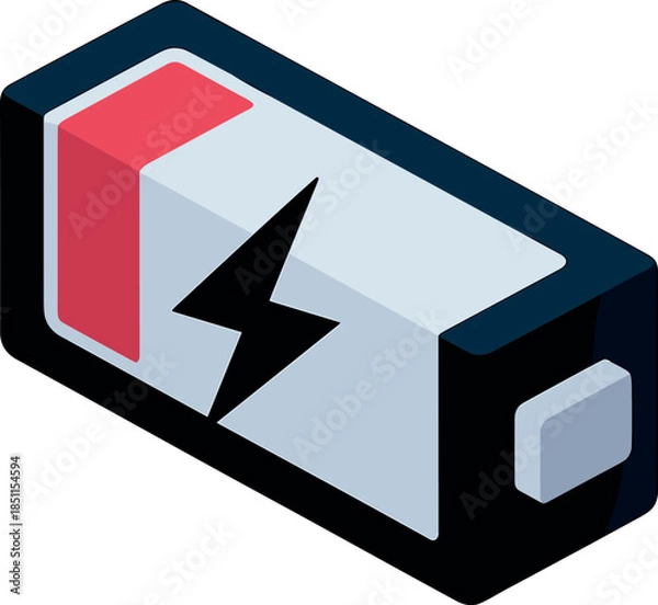 Obraz Isometric Low Battery Level Icon with Lightning Bolt Indicator Vector Illustration
