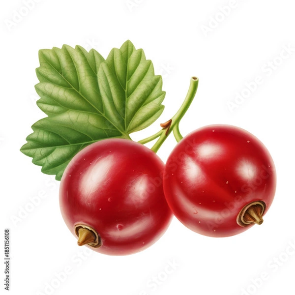 Obraz Two Fresh Ripe Redcurrant Berries with Green Leaf Isolated on White Background
