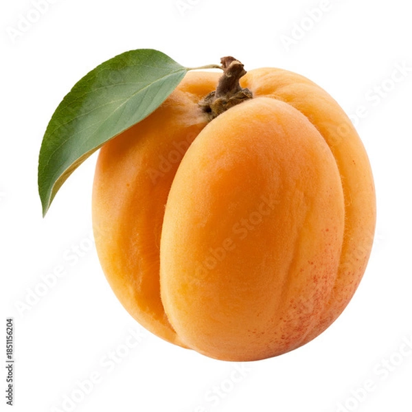 Obraz Fresh Whole Ripe Apricot Fruit with Green Leaf Isolated on White Background