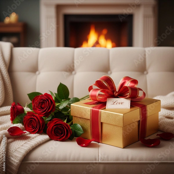 Obraz red gift box on the sofa