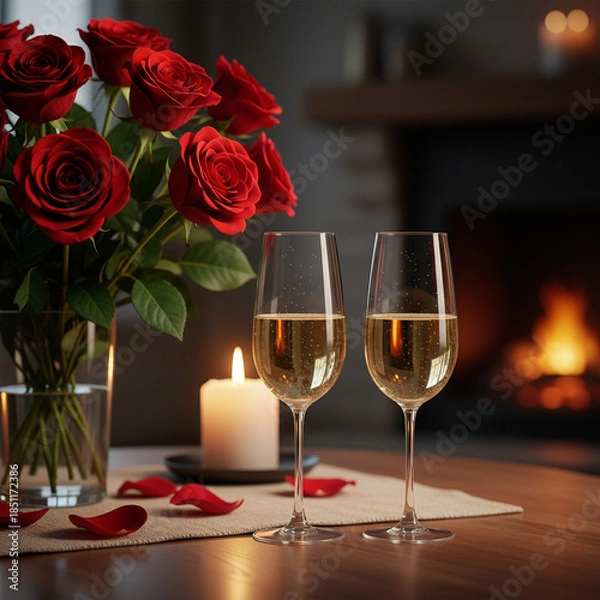 Obraz red rose and champagne