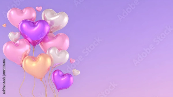 Obraz Bunch of balloons with hearts on them are floating in the air. The balloons are in various colors, including pink, purple, and white. The scene is set against a purple background