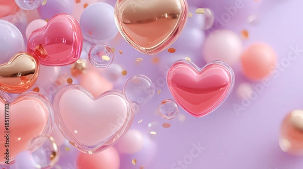 Obraz Bunch of hearts are floating in the air, with some of them being pink and others being gold. The scene is full of color and seems to be a celebration of love