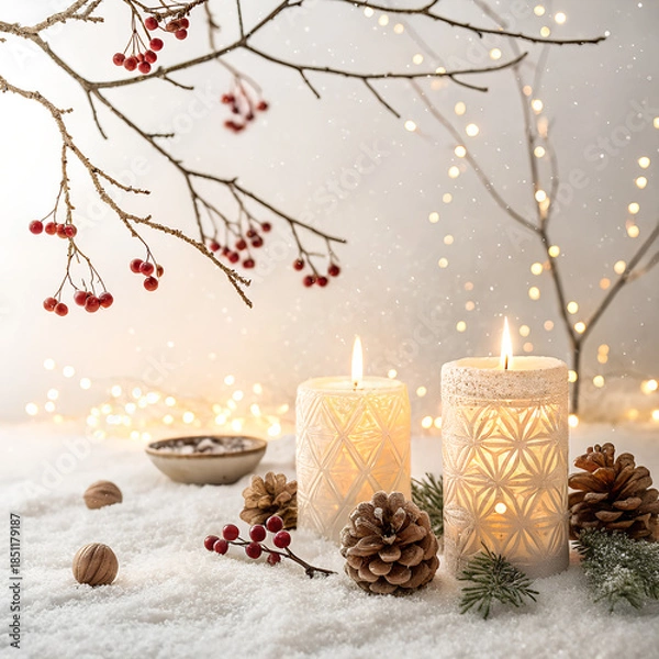 Obraz Festive winter arrangement with lit candles, pinecones, and red berries on a snowy background with bokeh lights