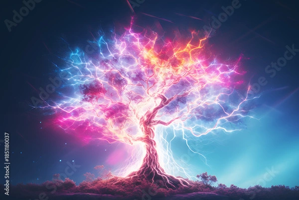 Obraz Dramatic tree with lightning strikes and dark clouds
