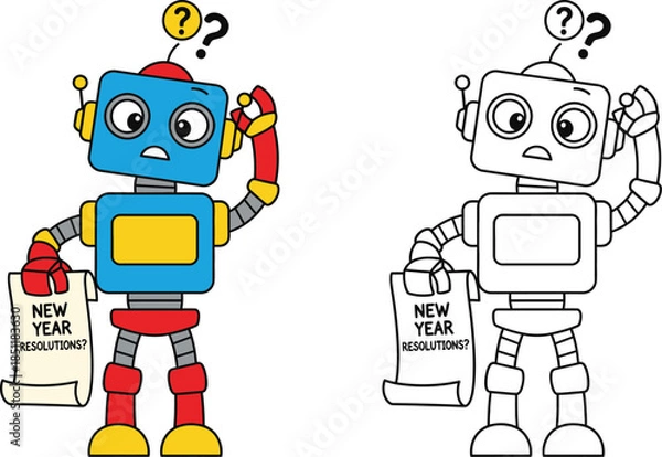 Obraz Confused Robot with New Year Resolutions Scroll Questioning Goals