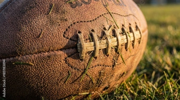 Obraz The image depicts an aged football resting on a grass field