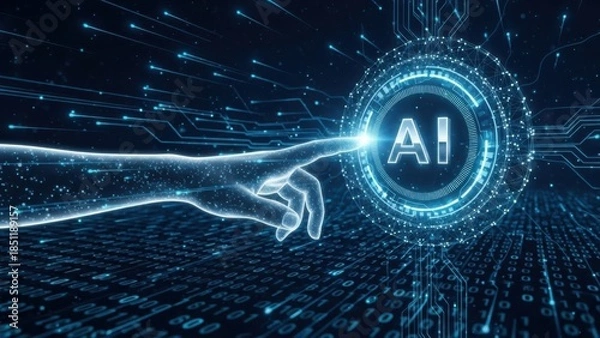Obraz Artificial Intelligence Programming: Digital hand touching glowing AI brain icon with binary code for machine learning and software engineering