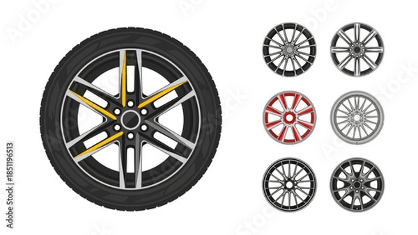 Obraz Variety of vector automotive wheels and tires, showcasing different rim designs for vehicles.
