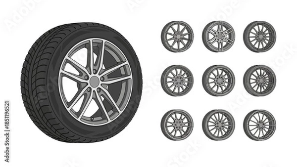 Obraz Presenting Diverse Automotive Vehicle Wheel and Tire Designs as Isolated Illustrations
