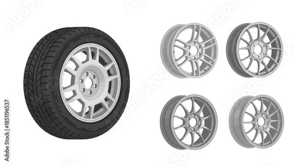Obraz Automotive Wheel and Various Rim Designs Illustration on White Background