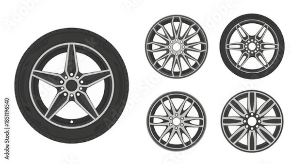Obraz Variety of modern car wheel designs and an automotive tire, isolated vector illustration set.