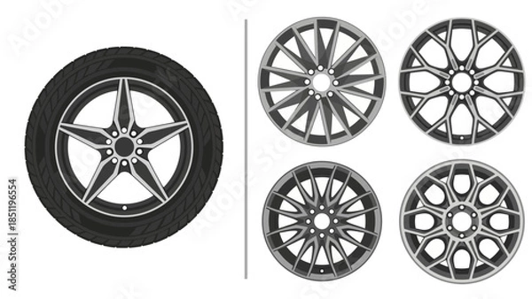 Obraz Vector Illustration Showcasing Diverse Automotive Wheel and Tire Designs for Modern Vehicles