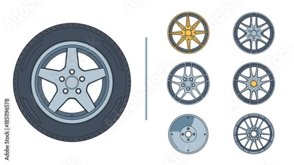 Obraz Automotive wheel and rim designs: A collection of vector illustrations showcasing different vehicle part styles