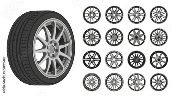 Obraz Detailed illustration of a modern car wheel with tire and a varied collection of automotive rim designs