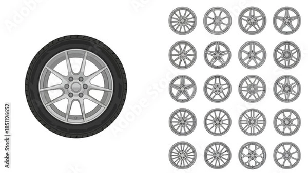Obraz Collection of diverse automotive wheels and rims, isolated vector illustrations for vehicle design.