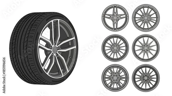 Obraz Automotive Tire with Sporty Wheel and Collection of Modern Vehicle Rim Designs