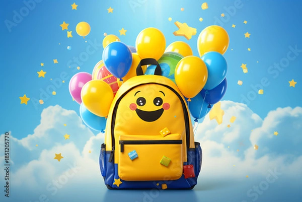 Obraz cartoon backpack with balloons on sky background